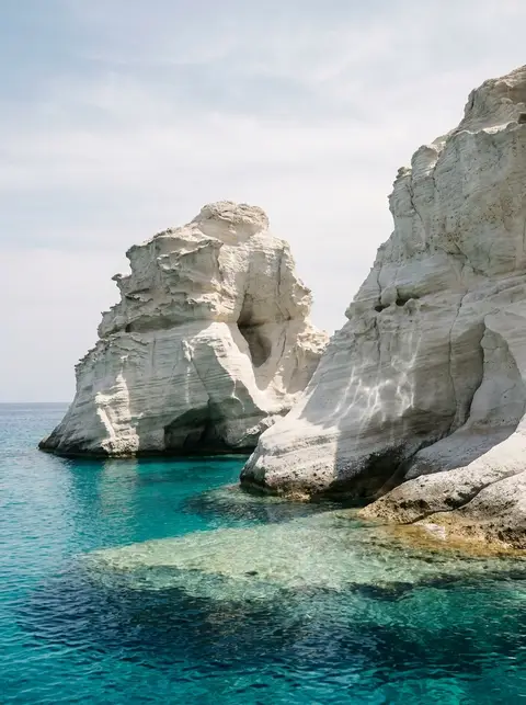 White volcanic rock formations of Kleftiko rising from turquoise water on Milos