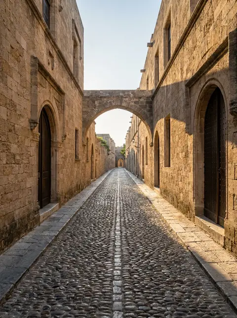The medieval Street of the Knights in the old town of Rhodes, in early morning light