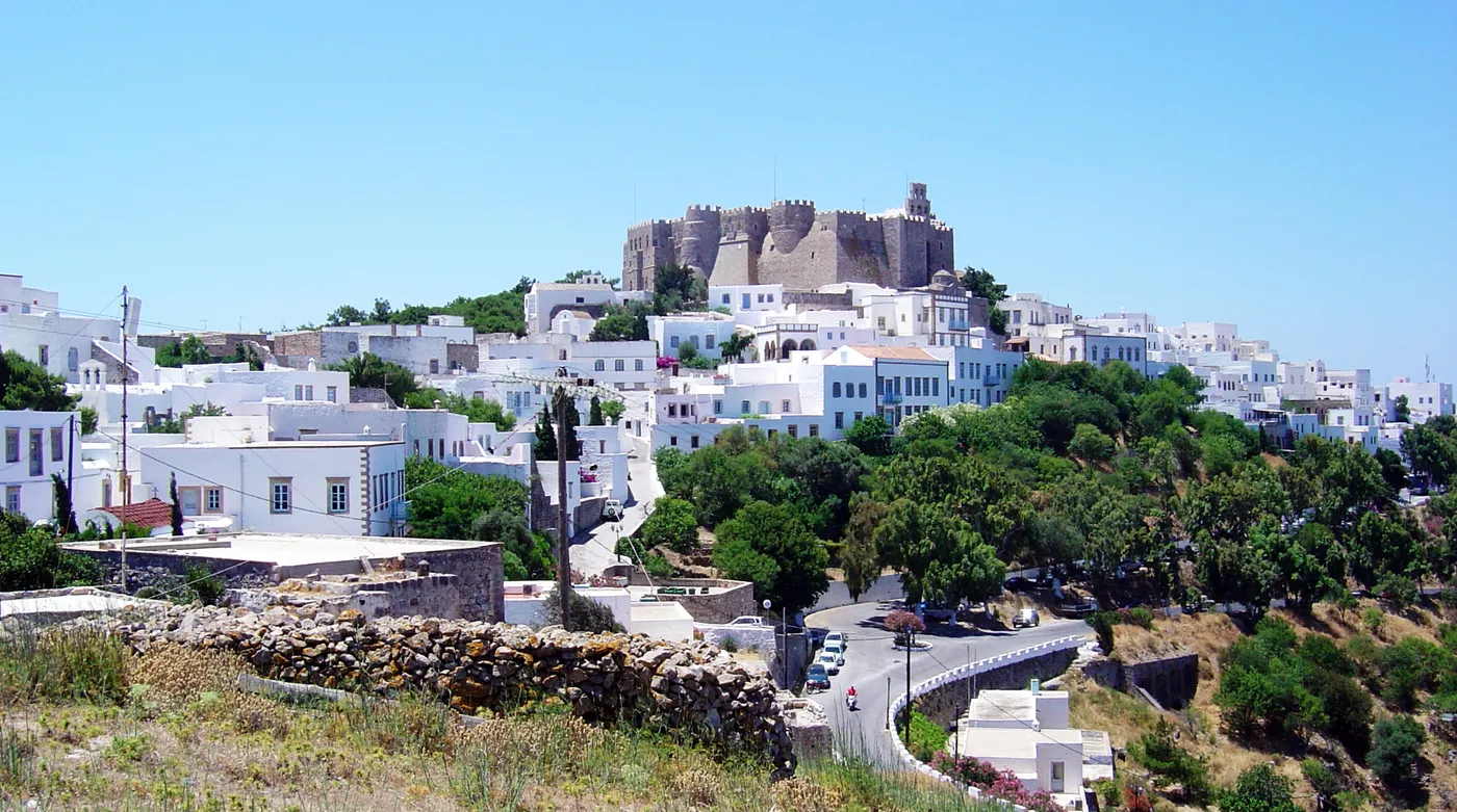 The fortified monastery of Saint John crowning the whitewashed Chora of Patmos