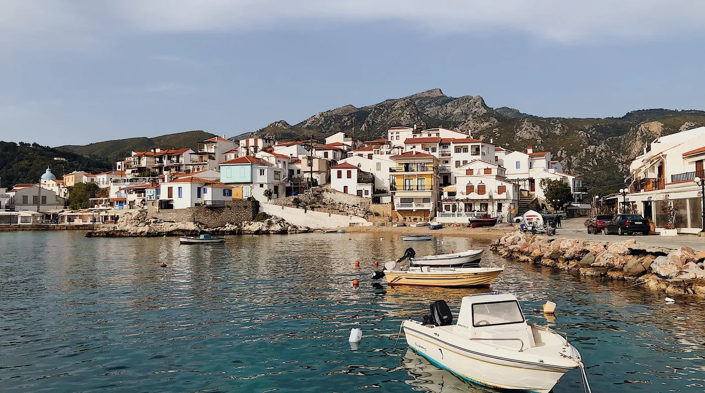 The harbour village of Kokkari on Samos, small boats in front of the houses