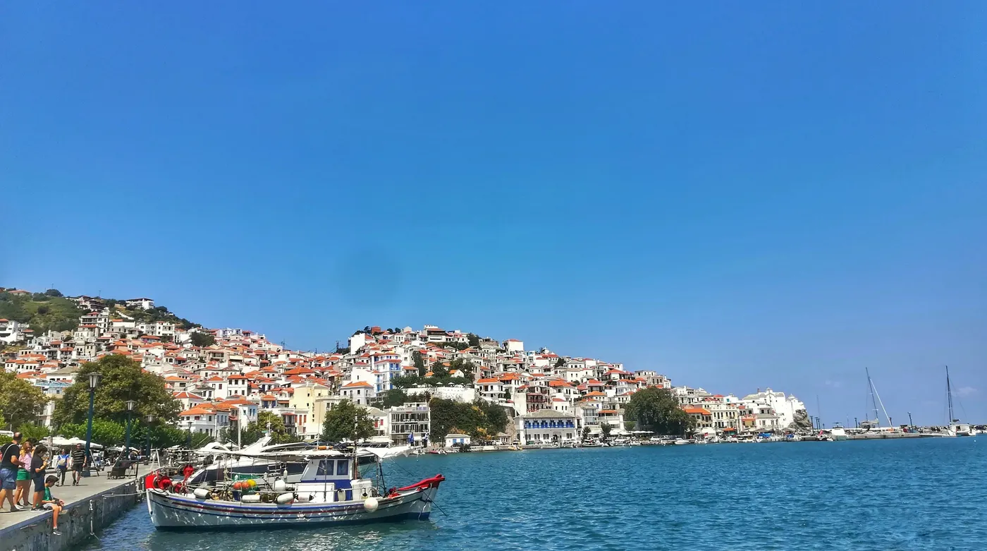 Skopelos Town rising from its harbour in tiers of white and terracotta