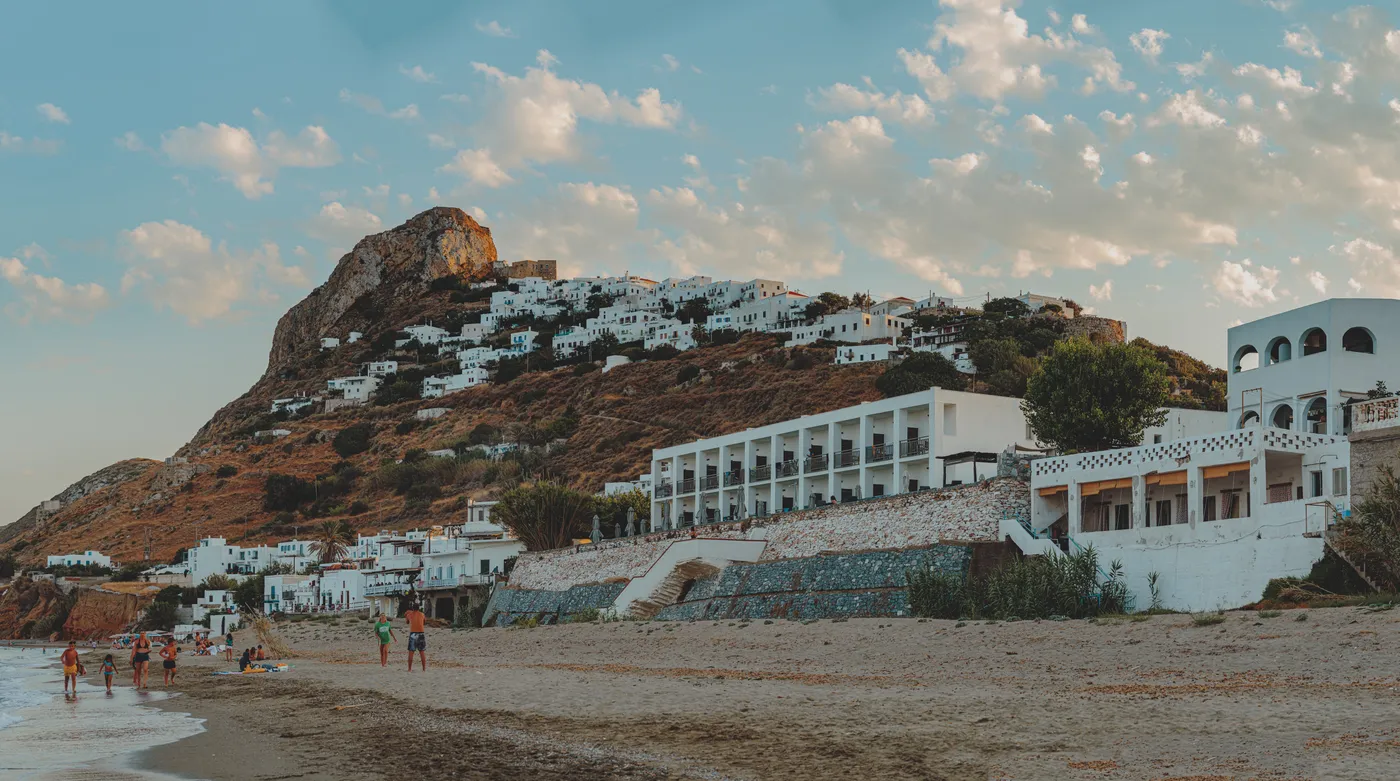 The Chora of Skyros cascading below its rock, the fortress at the crown