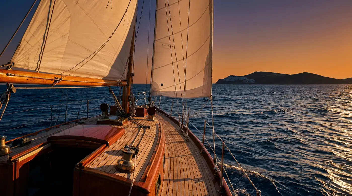 White sails of a classic yacht full in the golden-hour wind, crossing the Aegean toward a distant Cycladic island