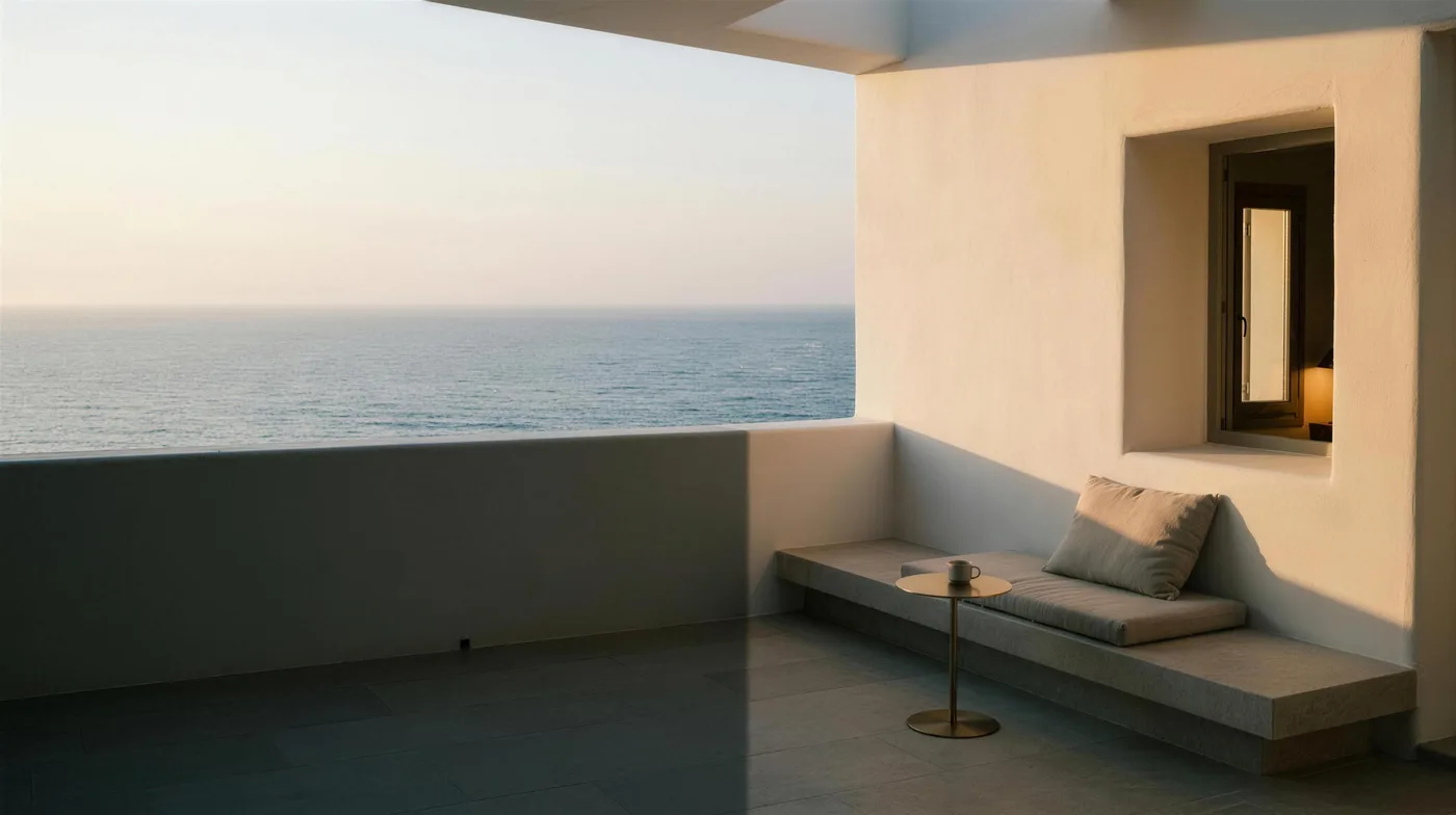 The open terrace of a Cycladic suite at dusk, a stone bench with a linen cushion facing the Aegean and warm light in the window behind
