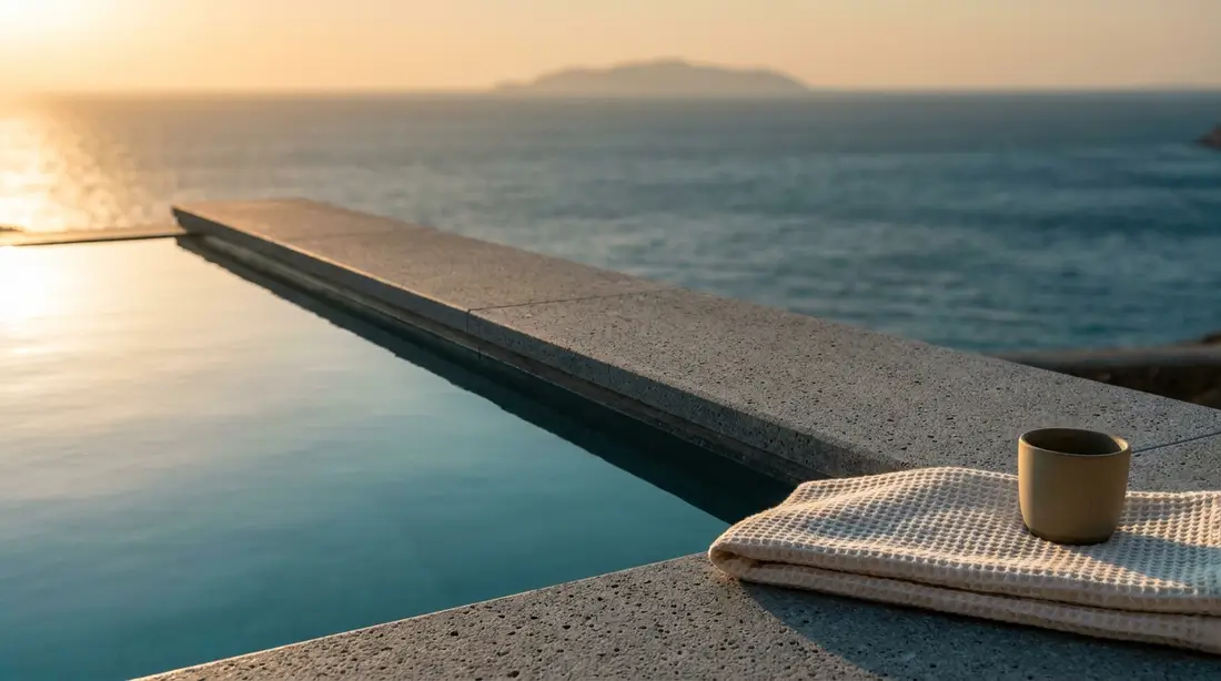 Stone edge of an infinity pool above the Aegean at sunset, with a folded towel and a ceramic cup and an island on the horizon